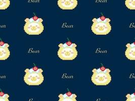 Bear cartoon character seamless pattern on blue background. Pixel style vector