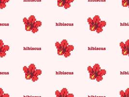 Hibiscus cartoon character seamless pattern on pink background. Pixel style vector