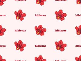 Hibiscus cartoon character seamless pattern on pink background. Pixel style vector