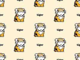 Tiger cartoon character seamless pattern on yellow background. Pixel style. vector