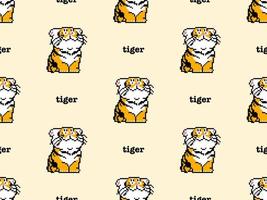 Tiger cartoon character seamless pattern on yellow background. Pixel style. vector