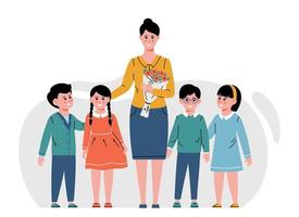 Kids student gave bouquet of flower to her teacher. Flat simple illustration for happy teacher's day. vector
