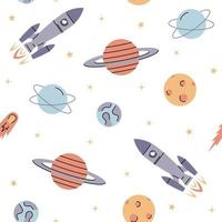 Space elements seamless pattern with rockets, planets, stars and comet. vector