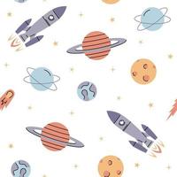 Space elements seamless pattern with rockets, planets, stars and comet. vector