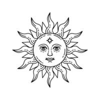 Celestial illustration of sun with face and opened eyes, stylized drawing, tarot card. vector