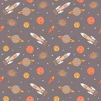 Space elements seamless pattern with rockets, planets, stars and comet. vector