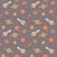 Space elements seamless pattern with rockets, planets, stars and comet. vector