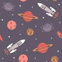 Space elements seamless pattern with rockets, planets, stars and comet. vector