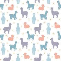 Seamless Pattern. Alpaca llama sleep, standing and jumping. Star in the sky. vector