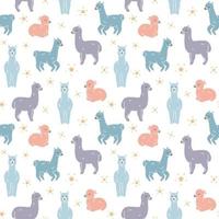 Seamless Pattern. Alpaca llama sleep, standing and jumping. Star in the sky. vector