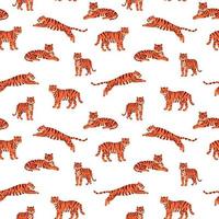 Vector seamless pattern with cute tigers on the white background.