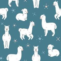 Seamless Pattern. Alpaca llama sleep, standing and jumping. Star in the sky. vector