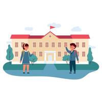 Children go to school building. Pupils or boy and girl in uniform meet and go to lessons. Schoolchildren with backpacks. vector