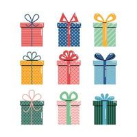 conjunto vectorial de diferentes cajas de regalo envueltas en colores. vector