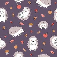 Colour seamless pattern with hedgehogs, apples, mushrooms and fall leaves. vector