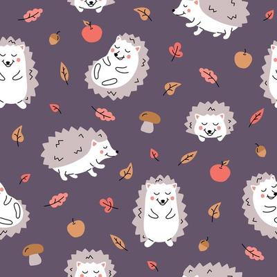 Colour seamless pattern with hedgehogs, apples, mushrooms and fall leaves.