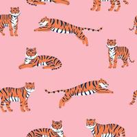 Vector seamless pattern with cute tigers on the pink background.