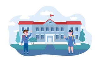 Children go to school building. Pupils or boy and girl in uniform meet and go to lessons. School children with backpacks. vector