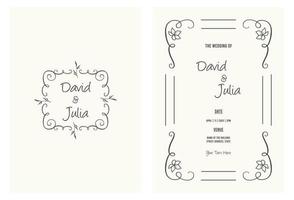 diseño de plantilla de tarjeta de invitación de boda minimalista, dibujo de arte lineal de flores con marco en papel vector