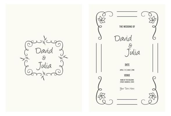 Minimalist wedding invitation card template design, line art drawing of flowers with frame on paper