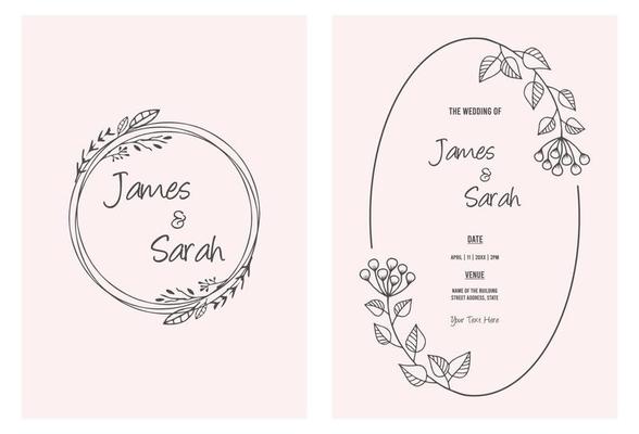 Wedding invitation card template design, line art drawing of flowers with frame on paper