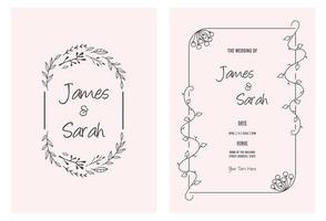 Elegant and minimalist wedding invitation card template design, line art drawing of flowers with frame on paper vector