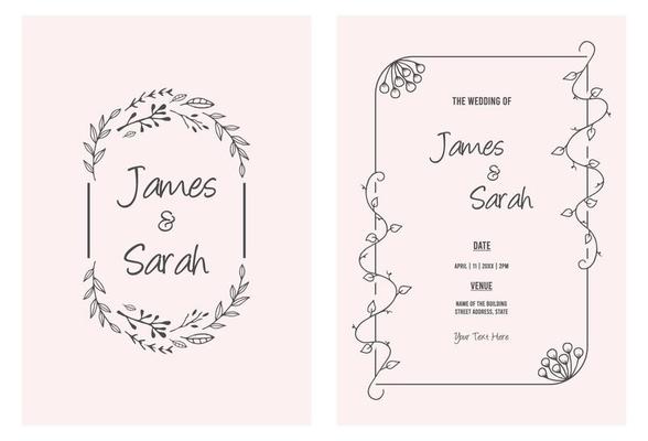 Elegant and minimalist wedding invitation card template design, line art drawing of flowers with frame on paper