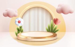 3d rendered luxury gold podium with flower showcase vector 3d