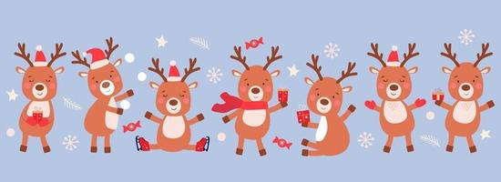 A set of cute Christmas reindeer with gifts, skating in mittens and Santa hats. New Year's animals. Vector graphics.