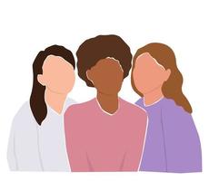 Abstract contemporary portrait of young girls. Three friends together. The concept of solidarity, feminism. families. Vector graphics.