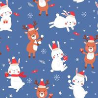 Seamless New Year pattern with cute bunnies and reindeer. Christmas animals with gifts, snowballs, sweets in winter. Vector graphics.