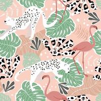 Seamless pattern with tropical exotic ornament with palm leaves, flamingos bird and leopard. Summer abstract animal print. Vector graphics.