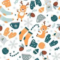 Seamless pattern of cute Christmas reindeer and rabbits with gifts skating in Santa mittens and hats. New Year's animals. Vector graphics.
