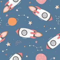 Seamless pattern with space. Rockets fly from all the planets, stars, constellations in the universe. Children's print. Vector graphics.
