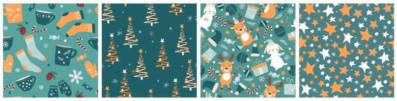 A set of seamless New Year patterns. Print with Christmas trees, deer, rabbits, gifts, snowflakes, stars. Vector graphics.