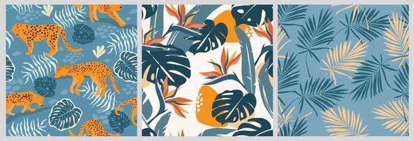 A set of seamless patterns with summer tropical, exotic animal print. Palm leaves, leopard spots. Vector graphics.