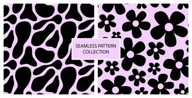 Set of two vector retro seamless pattern with black daisy flowers and abstract spots on purple background. Illustration in trendy colours. Hand drawn wallpaper with hippie aesthetic and 1970 vibe.