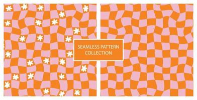 Trippy orange grid in 70s hippie style. swirl chess board seamless pattern. Set of two retro background. Illustration with white daisy flowers. vector