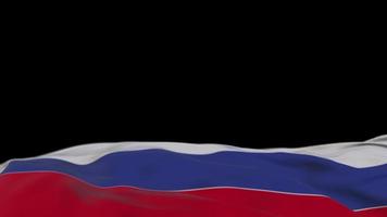 Russia fabric flag waving on the wind loop. Russian embroidery stiched cloth banner swaying on the breeze. Half-filled black background. Place for text. 20 seconds loop. 4k video