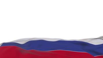 Russia fabric flag waving on the wind loop. Russian embroidery stiched cloth banner swaying on the breeze. Half-filled white background. Place for text. 20 seconds loop. 4k video