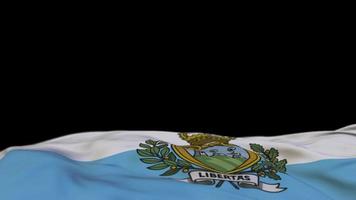 San Marino fabric flag waving on the wind loop. San Marino embroidery stiched cloth banner swaying on the breeze. Half-filled black background. Place for text. 20 seconds loop. 4k video