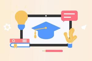Modern Online Education for banner website. Page template vector illustration of e-learning, internet course, application learning, university studies, classroom, tutorial on tablet device.