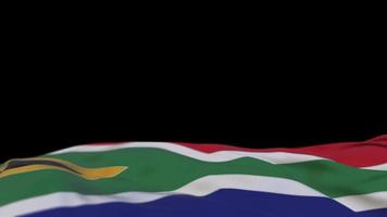 bandeira de tecido da áfrica do sul acenando no loop de vento. bordado sul-africano bandeira de pano costurada balançando na brisa. fundo preto meio preenchido. lugar para texto. Ciclo de 20 segundos. 4k video