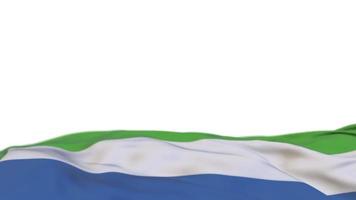 Sierra Leone fabric flag waving on the wind loop. Sierra Leone embroidery stiched cloth banner swaying on the breeze. Half-filled white background. Place for text. 20 seconds loop. 4k