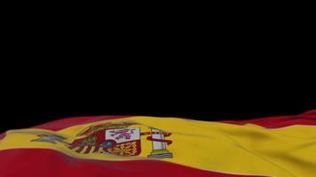 Spain fabric flag waving on the wind loop. Spanish embroidery stiched cloth banner swaying on the breeze. Half-filled black background. Place for text. 20 seconds loop. 4k video