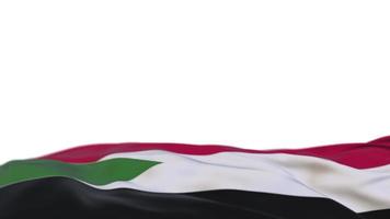 bandeira de tecido do sudão acenando no loop de vento. bordado sudanês bandeira de pano costurada balançando na brisa. fundo branco meio cheio. lugar para texto. Ciclo de 20 segundos. 4k