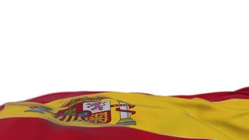 bandera de tela de españa ondeando en el bucle de viento. pancarta de tela cosida con bordado español que se mece con la brisa. fondo blanco medio relleno. lugar para el texto. Bucle de 20 segundos. 4k video