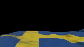 sverige tygflagga vajar på vindslingan. svensk broderi stickad tygbanner vajande på vinden. halvfylld svart bakgrund. plats för text. 20 sekunders loop. 4k video