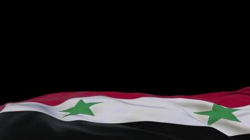 Syria fabric flag waving on the wind loop. Syrian embroidery stiched cloth banner swaying on the breeze. Half-filled black background. Place for text. 20 seconds loop. 4k video