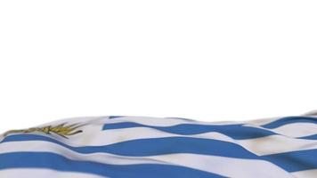 uruguay tygflagga viftande på vindslingan. uruguayansk broderi stickad tyg banner vajande på vinden. halvfylld vit bakgrund. plats för text. 20 sekunders loop. 4k video